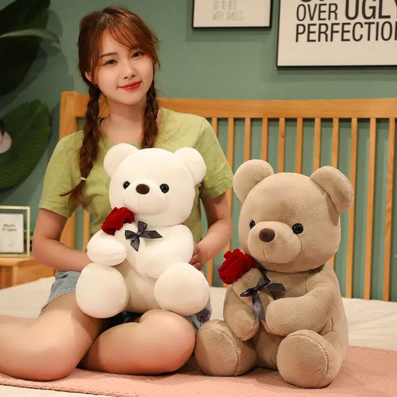 "23-45cm Hug Roses Teddy Bear Plush Pillow – Soft Stuffed Toy Gift for Valentine’s & Birthdays"