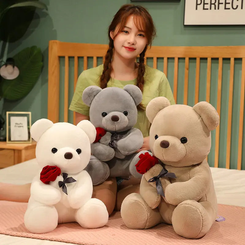 "23-45cm Hug Roses Teddy Bear Plush Pillow – Soft Stuffed Toy Gift for Valentine’s & Birthdays"