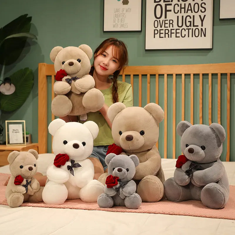"23-45cm Hug Roses Teddy Bear Plush Pillow – Soft Stuffed Toy Gift for Valentine’s & Birthdays"