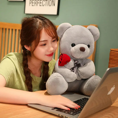 "23-45cm Hug Roses Teddy Bear Plush Pillow – Soft Stuffed Toy Gift for Valentine’s & Birthdays"