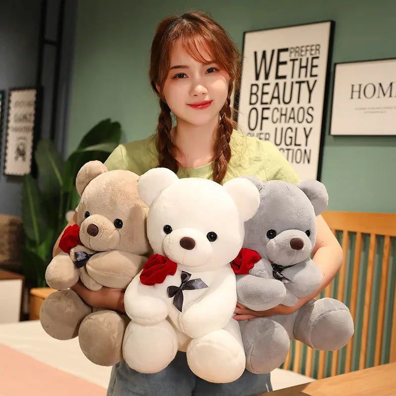 "23-45cm Hug Roses Teddy Bear Plush Pillow – Soft Stuffed Toy Gift for Valentine’s & Birthdays"