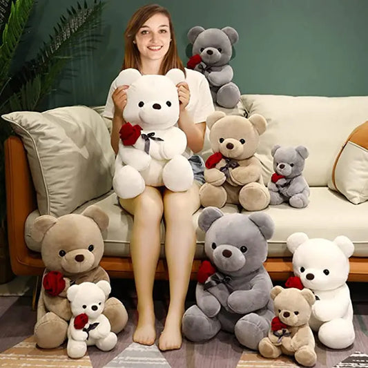 "23-45cm Hug Roses Teddy Bear Plush Pillow – Soft Stuffed Toy Gift for Valentine’s & Birthdays"