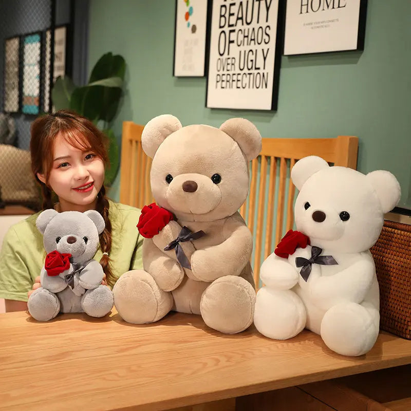 "23-45cm Hug Roses Teddy Bear Plush Pillow – Soft Stuffed Toy Gift for Valentine’s & Birthdays"