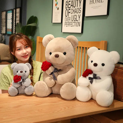 "23-45cm Hug Roses Teddy Bear Plush Pillow – Soft Stuffed Toy Gift for Valentine’s & Birthdays"